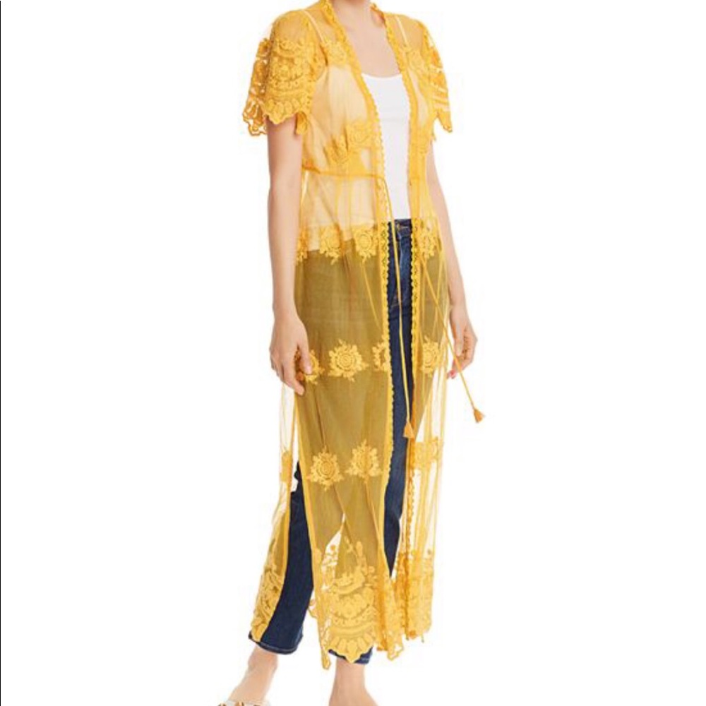 AQUA Yellow Orange Sheer Floral Lace Long Maxi Duster XS